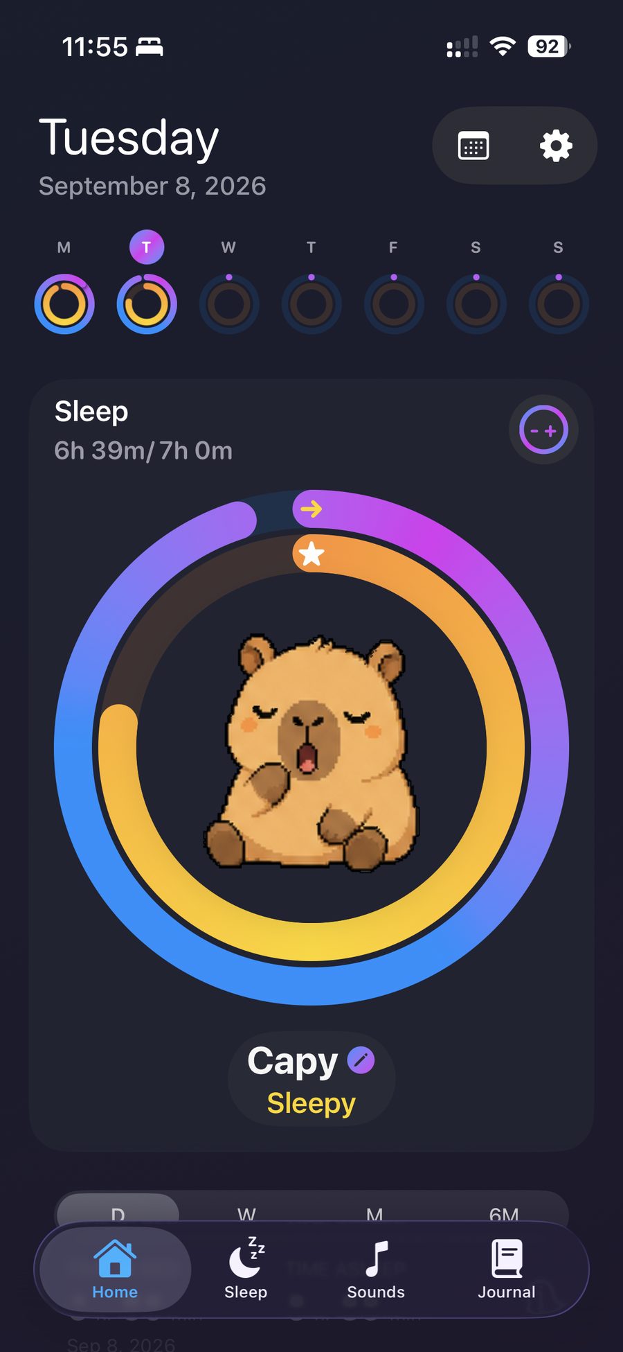 CapySleep Home with weekly sleep rings and a capybara companion