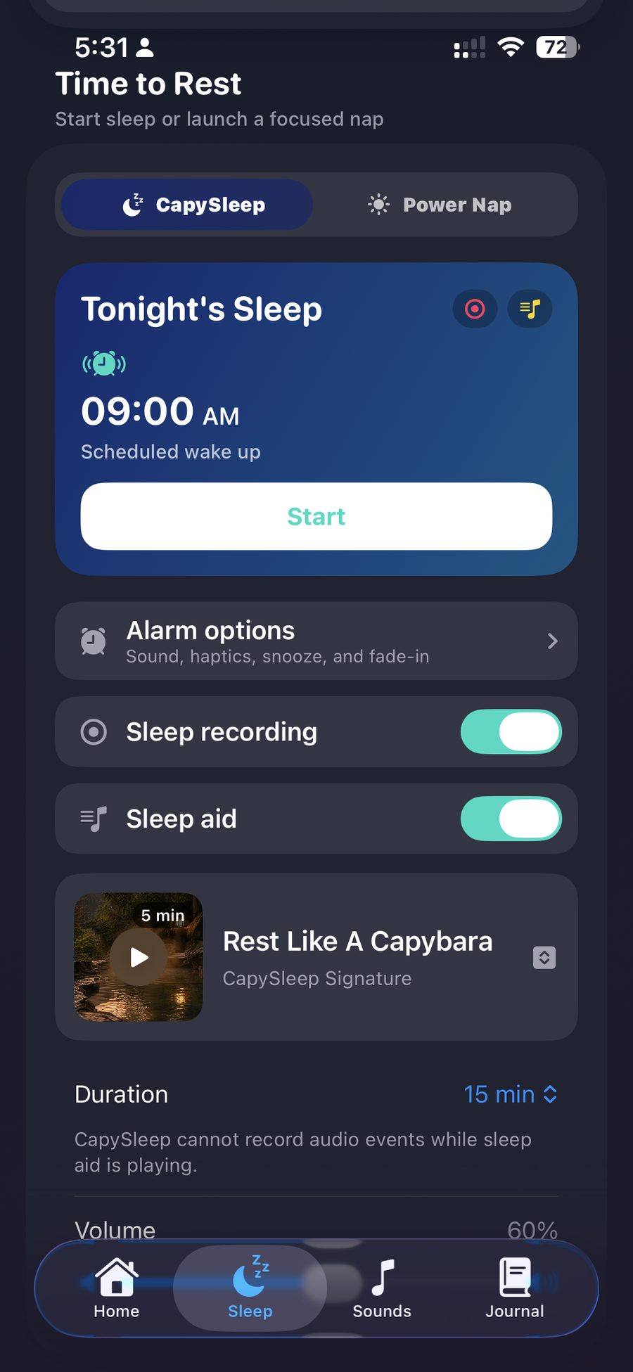 Tonight’s Sleep with a 9:00 AM scheduled wake, Start button, alarm, recording, and sleep-aid controls