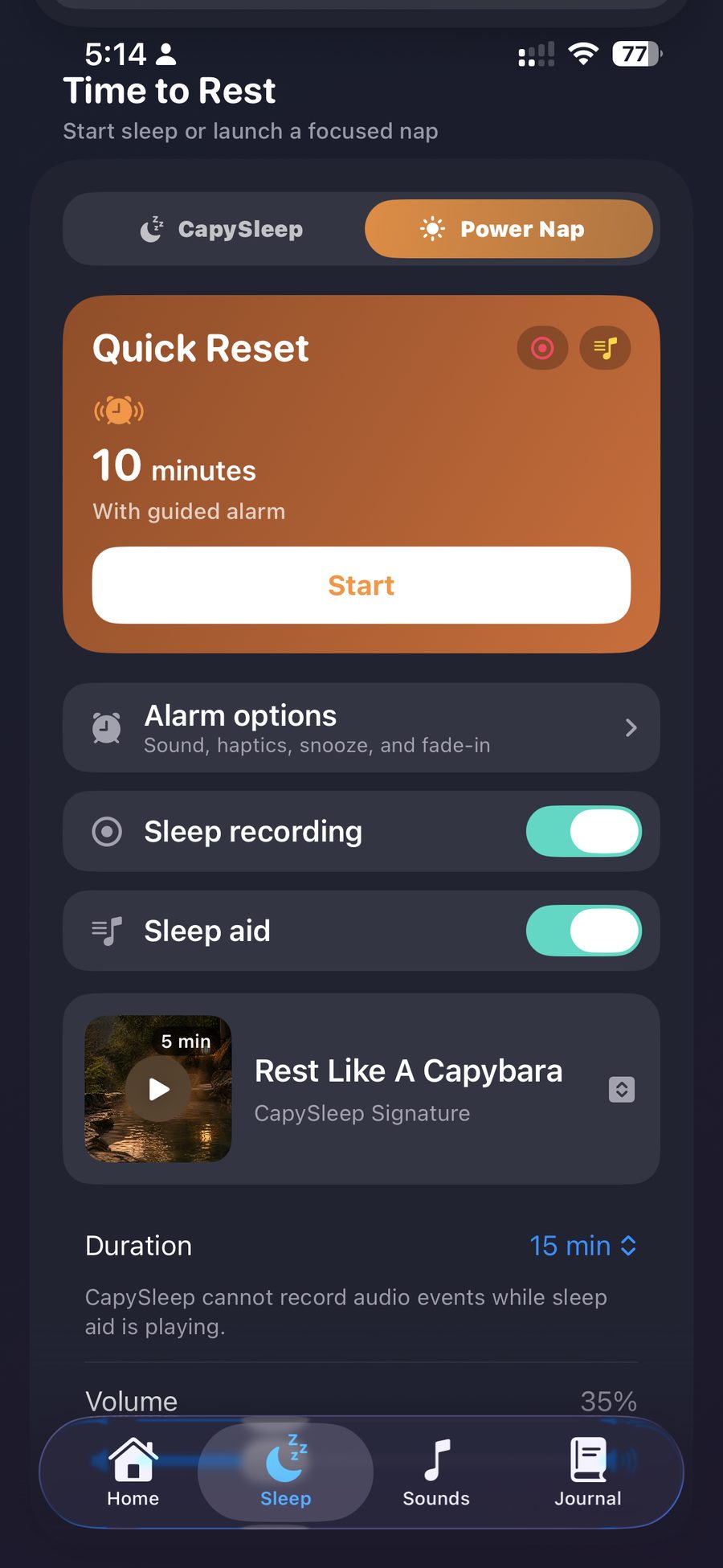Power Nap Start card with a 10-minute Quick Reset and sleep-aid controls
