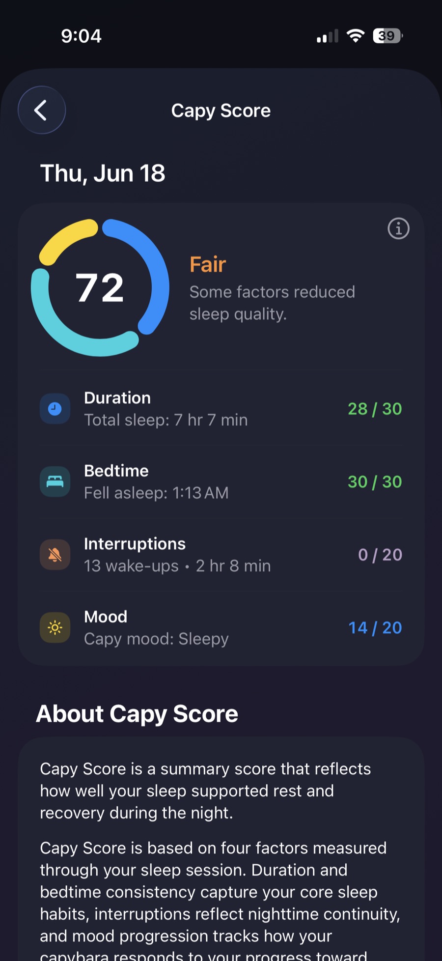 Capy Score wellness summary with duration, bedtime, interruptions, and mood