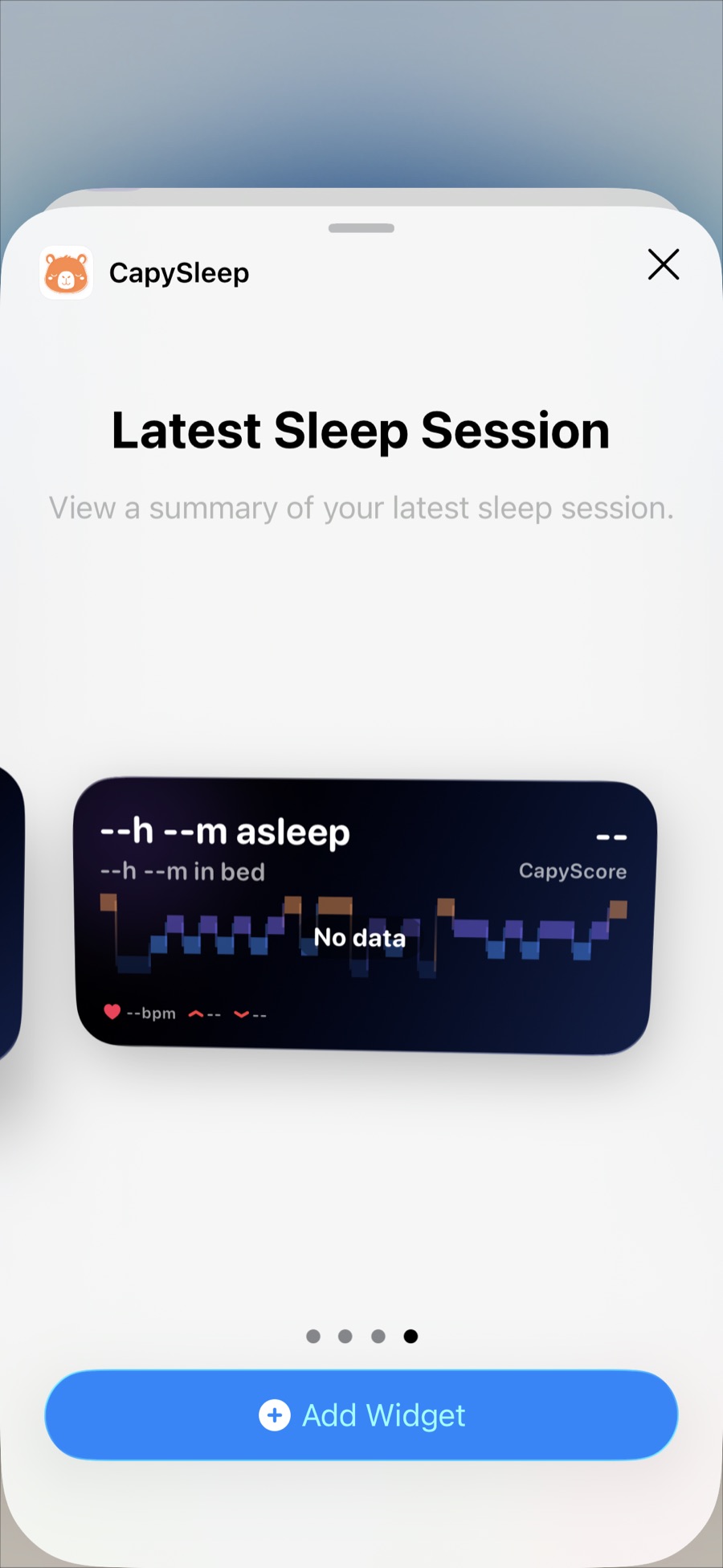 Latest Sleep Session widget preview with Add Widget